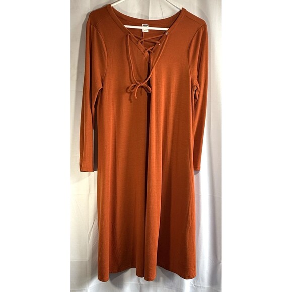 Old Navy Lace Up-V Neck 3/4 Sleeve Burnt Orange Midi Dress Size Large - Picture 1 of 7